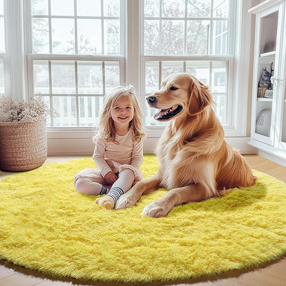 ONASAR Yellow Round Area Rugs 4ft for Bedroom Living Room, Fluffy Circle Rug for Kids Girls Boys Teen, Soft Plush Shaggy Carpet for Nursery Dorm Classroom Playroom Home Decor Aesthetic