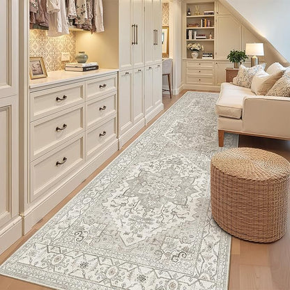 Madane 3x12 Hallway Runner Rug, Non Slip Washable 12ft Runner for Hallways Soft Vintage Kitchen Rugs Low-Pile Thin Floor Carpet Runner for Entryway Bathroom Bedroom, Beige/Brown