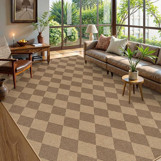 Lahome Colette Checkered Easy Jute Rug, 9x12 Washable Dining Room Rug Indoor Outdoor Carpet, Farmhouse Neutral Non Slip Non Shedding Stain Resistance Floor Carpet for Patio Living Room Office