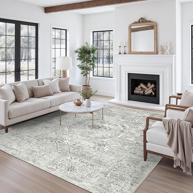 Washable Area Rug 8x10, Gray Soft Rug for Living Room Vintage 8x10 Area Rugs for Bedroom Dining Room Floral Non-Slip Thin Grey Rug