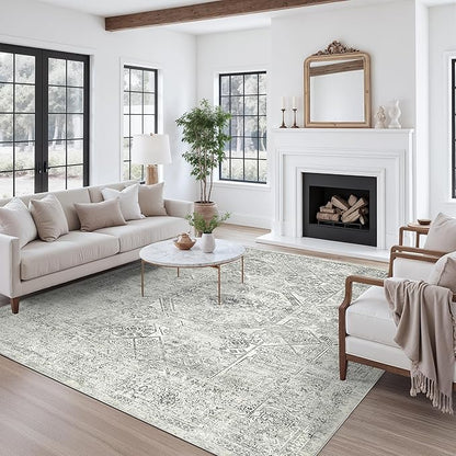 Washable Area Rug 8x10, Gray Soft Rug for Living Room Vintage 8x10 Area Rugs for Bedroom Dining Room Floral Non-Slip Thin Grey Rug