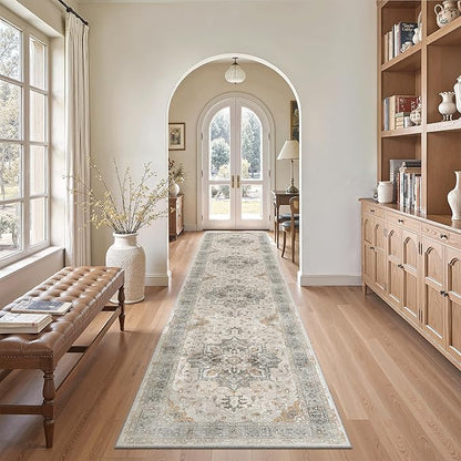 Madane Hallway Runner Rug 2x12, Long Washable Runner Rugs 12ft with Rubber Backing, Non Slip Carpet Runner, Vintage Rug Runners for Kitchen Laundry Room Entryway (Light Taupe Brown, 2'x12')