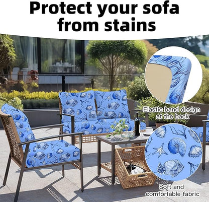 8Pcs Outdoor Cushion Covers, Patio Cushion Covers,Stretch Elastic Slipcovers, Replacement Washable & Reusable Furniture Protector for Patio Couch (Shells & Fish,Cover Only)