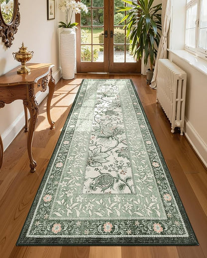 GarveeHome Sage Green 2x6 Washable Kitchen Runner Rugs Non Slip Provence Vintage Boho Cottage Long Rug for Hallways Bedroom Entryway Bathroom Mat with Rubber Back