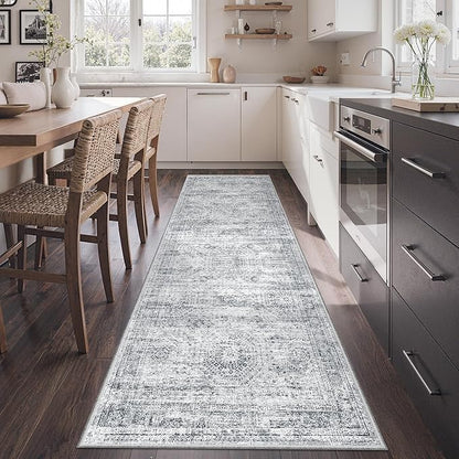 2x7 Runner Rug Non Slip, Thin Entryway Washable Rug for Entryway, Runners for Hallways, Low Pile Vintage Abstract Soft Rugs for Living Room, Kitchen, Bedroom(2'x7', Grey/Ivory)
