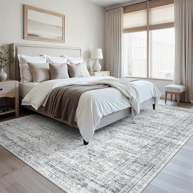Area Rug 10x12 Vintage Washable Living Room Large Gray Carpet Non Slip Bedroom Indoor Office Dining Room Low Pile Thin Rug Grey