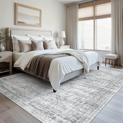 Area Rug 10x12 Vintage Washable Living Room Large Gray Carpet Non Slip Bedroom Indoor Office Dining Room Low Pile Thin Rug Grey
