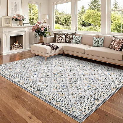 GarveeHome Living Room Rug 5x7 Rug Machine Washable Stain Resistant Area Rug Non Slip Floral Vintage Low Pile Rugs for Living Room, Bedroom, Farmhouse, Dining Room, Kids PlayroomGrey Beige