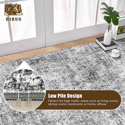 Washable Area Rug 3' x 5 ' Vintage Traditional Persian Mat - Foldable Distressed Non-Slip Machine Washable Carpet for Living Room Bedroom Kitchen Home Decor - Graphite and Mist