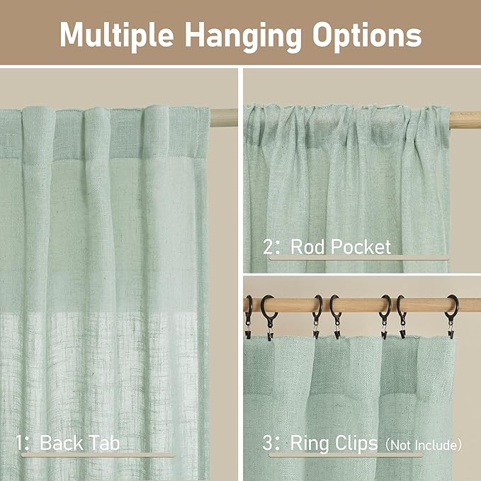 LAMIT Light Sage Linen Curtains 84 inch Length 2 Panels, Light Filtering Semi Sheer Panels Back Tab and Rod Pocket Neutral Drapes for Bedroom/Living Room, 34 x 84 Inch