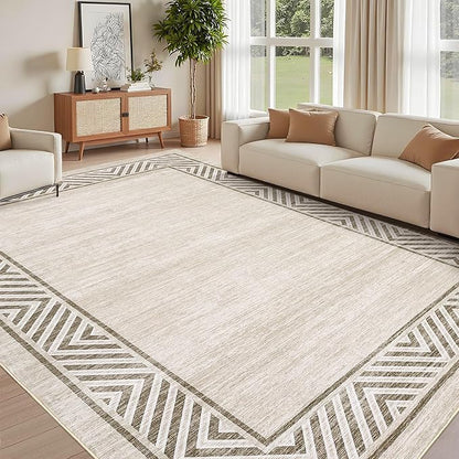 GarveeHome Large Modern Rug 9x12 Non-Slip Geometric Bordered Dining Room Rug, Machine Washable Low Pile Indoor Carpet, Non-Shedding Floor Mats, Easy to Clean, for Living Room, Bedroom, Beige