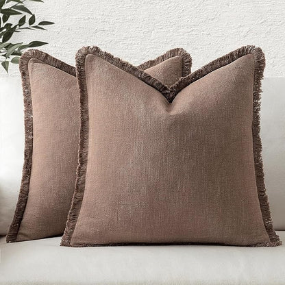 MIULEE Decorative Throw Pillow Covers Neutral Linen Fringe Throw Pillows Set of 2 Dark Coffee Boho Farmhouse Cushion Covers with Tassels for Couch Sofa Bed Living Room Spring Home Decor 18x18 Inch