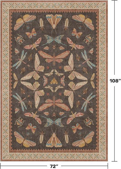 Dining Room Rugs for Under Table 6x9 - Washable Soft Rugs for Bedroom Aesthetic, Low Pile Stain Resistant Living Room Carpet, Vintage Insect Home Décor (Brown)