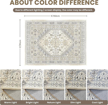 zesthome 3x5 Rug Ultra Soft Washable Rug, Non Slip Area Rug Indoor Entrance, Stain Resistant Rugs for Living Room Bedroom, Vintage Home Decor Area Rugs (Beige,3'x5')