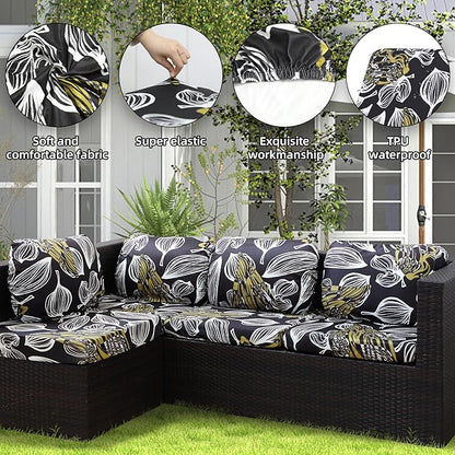 8Pcs Outdoor Cushion Covers, Patio Cushion Covers,Stretch Elastic Slipcovers, Replacement Washable & Reusable Furniture Protector for Patio Couch (Herbal-Pattern,Cover Only)