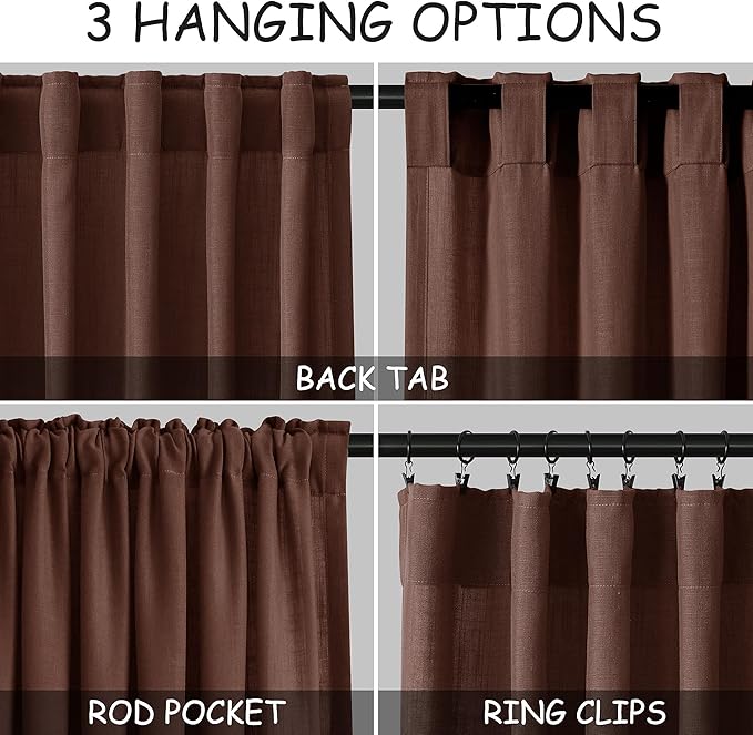Extra Long Rustic Brown Linen Curtains 120 Inch for Living Room 2 Panels Set Rod Pocket Back Tab Light Filtering Semi Sheer Linen Window Drapes Privacy High Ceiling Drapes for Farmhouse 52x120