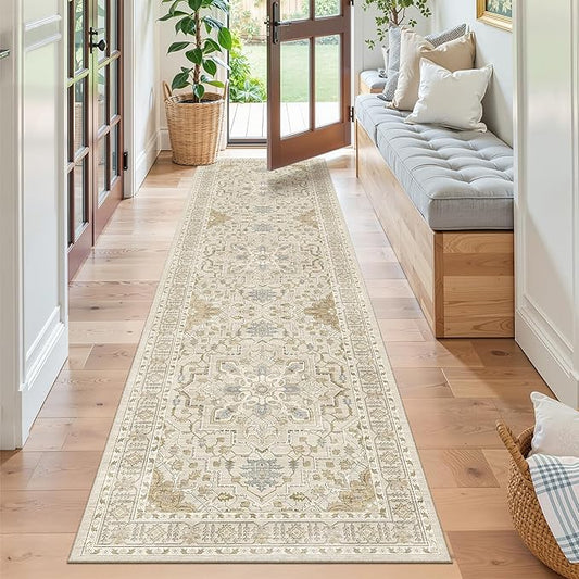 Madane Kitchen Runner Rug - 2x7 Runner Rugs with Rubber Backing Non Slip Vintage Washable Rug Runner Ultra-Thin Throw Carpet Runners for Hallways Bedroom Laundry Room (2'x7', Beige/Blue)