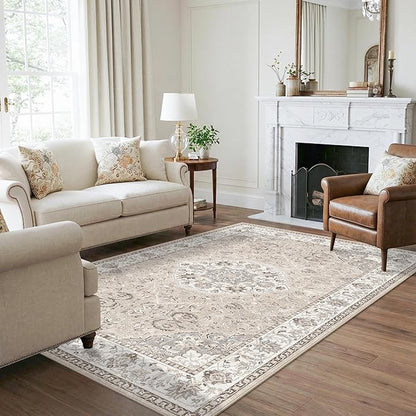 Washable 5x8 Living Room Area Rug: Vintage Water-Resistant Soft Rug for Bedroom Dining Room Non Slip Apartment Low Pile Carpet Thin Floor Mat for Dorm Home Office Printed Beside Rug(5x8，Beige)
