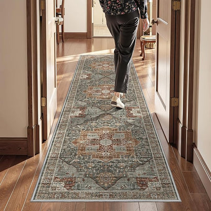 Runner Rug 2x8 Runners for Hallways Non Slip Washable, Vintage Hallway Runner Rugs for Living Room, Low Pile Soft Hallway Rug for Kitchen Bedroom Laundry Room Rug(Grey/Brown/Tan,2'x8')