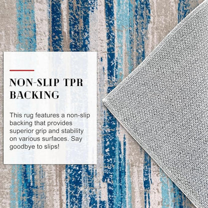 Lansny Modern Abstract 8x10 Large Machine Washable Living Room Rug Non-Slip Soft Bedroom Area Rug Blue Ultra Thin Print Faux Wool Carpet Throw Rugs for Nursery Playroom Dining Room Indoor Office