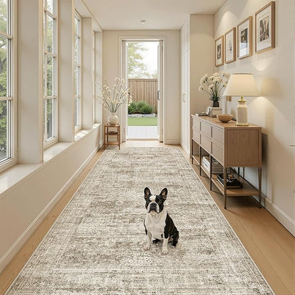 Hallway Runner Rug 4x8 Wide: Washable Thin Runners for Hallways Entry, Non Slip Soft Vintage Kitchen Area Rugs for Living Room Bedroom Dining Room Foyer (Brown, 4x8)