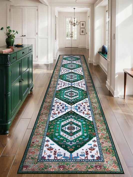SERISSA Runner Rug for Hallways, 2'6"x14' Washable Non Slip Kitchen Runner Rug, Extra Long Boho Rug Ultra Soft Vintage Green White Print Floor Carpet for Bedroom Hallway Entryway Bathroom Laundry Room