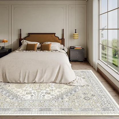 zesthome 5x8 Area Rugs - Ultra-Thin Washble Rug, Stain Resistant Anti Slip Backing Rugs for Living Room,Bedroom, Vintage Home Decor Area Rug (Beige,5'x8')