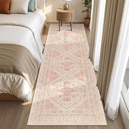 Runner Rug 2x8 Runners for Hallways Non Slip Washable, Vintage Hallway Runner Rugs for Living Room, Low Pile Soft Hallway Rug for Kitchen Bedroom Laundry Room Rug(Pink,2'x8')