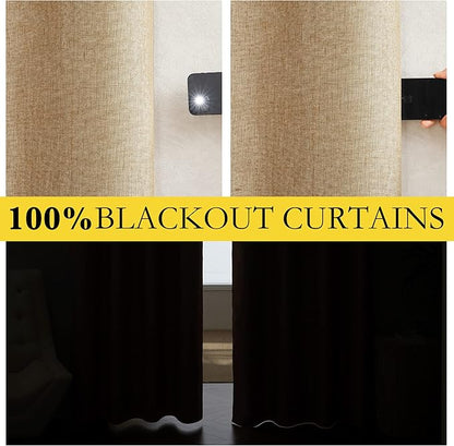 NICETOWN 100% Absolutely Blackout Linen Curtains with Thermal Insulated White Liner, Camel, W52 x L102, 2 Panels, Textured Linen Look Noise Reducing Window Treatments Drapes for Bedroom/Living Room