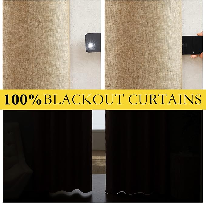 NICETOWN 100% Blackout Camel Linen Curtains 108 inches Length with Thermal Insulated Liners, 2 Panels, 62 inches W, Farmhouse Style Room Cooling Small Window Draperies for Dining Room