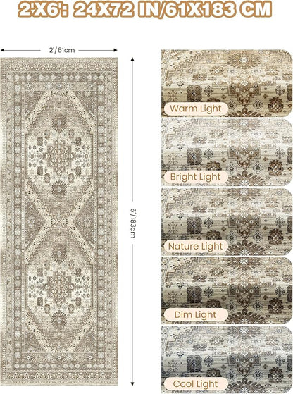 Runner Rug 2x6, Ultra-Thin Entryway Rug Non Slip Washable Rugs for Laundry Room, Runners for Hallways, Vintage Soft Rugs for Living Room, Kitchen, Bedroom(Brown,2'x6')