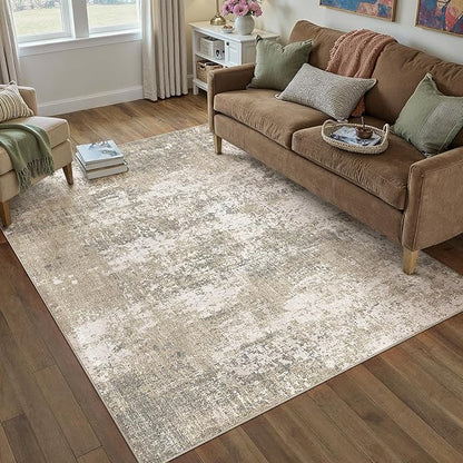 Beige Area Rug 4x6 Machine Washable Modern Abstract Office Carpet Neutral Non Slip Indoor Entry Low Pile Soft Non Shedding Small Mat Bedroom Throw Rug for Kitchen Laundry Dining Room