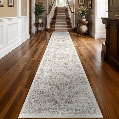 Washable 2'6''x16' Runner Rug - Non-Slip Vintage Runner Rug for Entryway Low-Pile Medallion Long Rugs for Hallway Waterproof Traditional Runner Rugs Indoor Thin Rug for Kitchen (Cream/Beige)