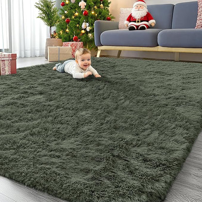 OLANLY 9x12 Machine Washable Large Area Rugs for Living Room, Bedroom, Soft Fluffy Shaggy Bedside Rug, Indoor Floor Carpet for Kids Girls and Boys, Dorms, Nursery, Home Decor Aesthetic, Olive Green