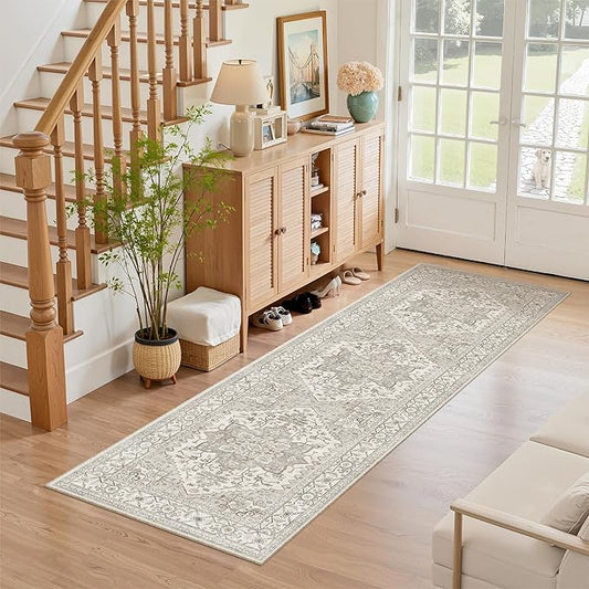 Madane Washable Runner Rug - 2x6 Rug Runners for Hallways 6 Foot Non Slip Vintage Kitchen Runner Rug Ultra-Thin Bathroom Runner Rugs Carpet Laundry Room Bedroom (2x6ft, Beige/Brown)