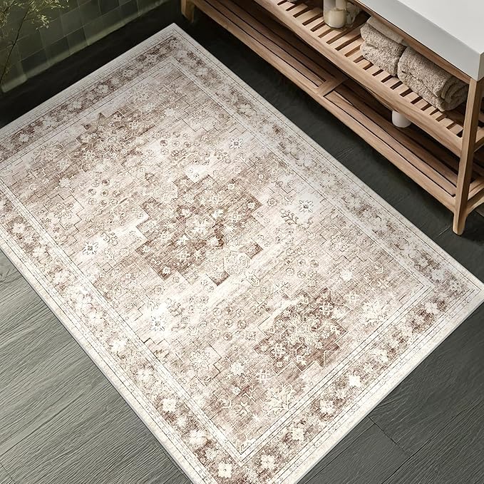 Washable Neutral Farmhouse Large Entryway Rug, 3x6 Area Rugs for Kitchen, Bedroom Beside Bed, Nursery Room, Boho Vintage Floral Non-Slip Throw Rug Low Pile Stain Resistant (3x6 Beige/Latte)