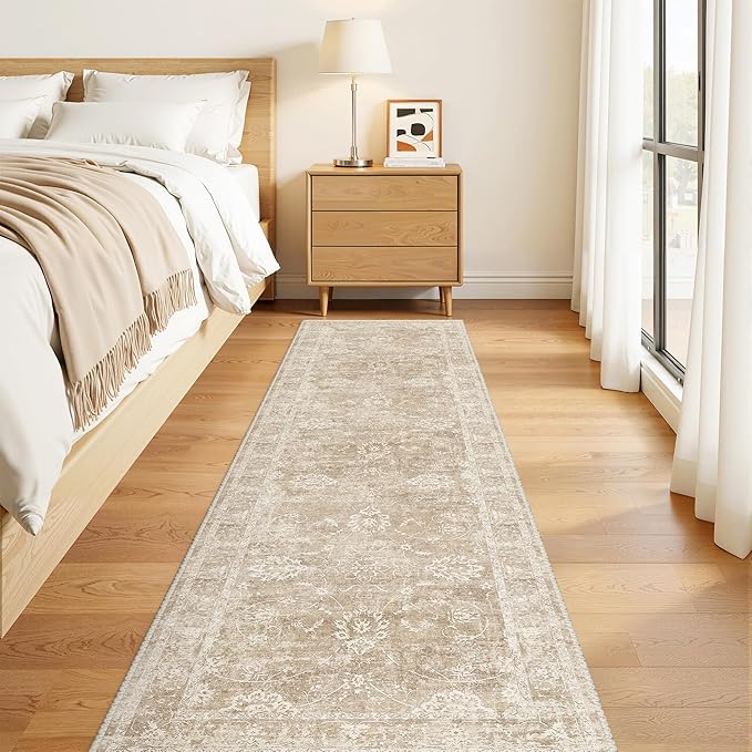 Madane Rug Runner for Hallways 2.5x8, Washable Kitchen Runner Rugs with Non Slip Backing, Soft Floral Print 2'6''x8 Carpet Runners for Laundry Room, Bedroom, Beige/Brown