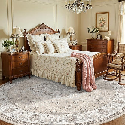 Washable 6ft Circle Round Rug: 6x6 Low-Pile Circular Rug for Living Room Bedroom Cute Office Nursery Area Rug with TPR Rubber Backing Soft Stain-Resistant Carpet Bathroom Entryway Dorm(6Round，Beige)