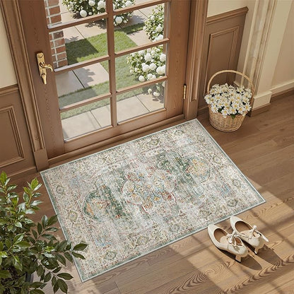 Madane Washable Area Rug 2x3, Small Entryway Rug Non-Slip Vintage Door Mat Indoor Entrance, Low Pile Floor Carpet for Inside Front Door Bedroom Kitchen Entry Laundry (2'x3', Green)