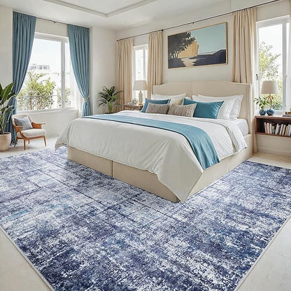 9x12 Area Rugs for Living Room Washable Rug: Anti-Skid Abstract Modern Living Room Rug Soft Thin Carpets Indoor Floor Non-Shedding Carpet for Bedroom Dining Farmhouse Nursery Navy Light Gray