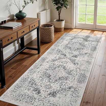 3x8 Washable Hallway Runner Rug - Non Slip Kitchen Runner Rugs with Rubber Backing Vintage Low-Pile Carpet Runners for Entryway Dining Room Laundry Room Home Decor (Distessed Grey)