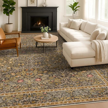Washable 10x14 Living Room Rug - Brown Oriental Large Area Rug for Dining Room Under Table, Low Pile Non-Slip Floor Carpet for Bedroom Under Bed - Vintage Taupe Design & Stain Resistance
