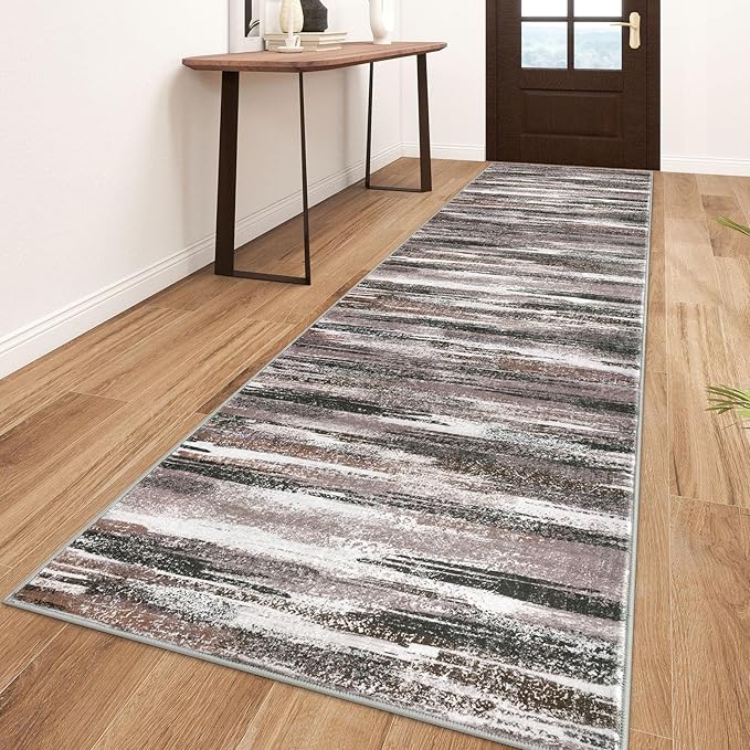Lansny Modern Abstract Runner Rug 3x10, Dark Light Brown White Washable Kitchen Runner Non-Slip Soft Hallway Rug Runner Thin Print Faux Wool Carpet for Entryway Bedroom Laundry Room Indoor