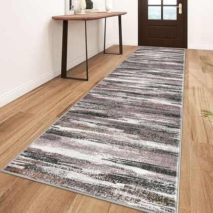 Lansny Modern Abstract Runner Rug 3x10, Dark Light Brown White Washable Kitchen Runner Non-Slip Soft Hallway Rug Runner Thin Print Faux Wool Carpet for Entryway Bedroom Laundry Room Indoor