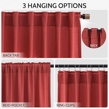 Christmas Red Linen 120 Inch Curtains for Living Room Light Filtering Semi Sheer Curtain Back Tab Vintage Rustic Neutral Luxury Home Decor Floor to Ceiling High Window for Bedroom 52x120,2 Panels