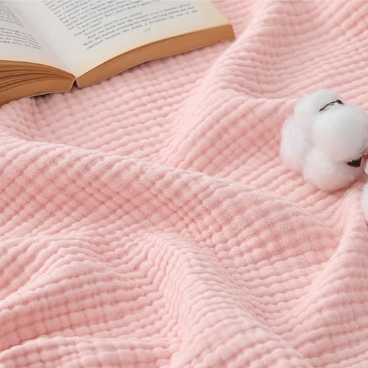 Bedsure 100% Cotton Muslin Blankets for Adults Large Throw 50x70 Inches - 4-Layer Breathable and Lightweight, Soft Boho Gauze Muslin Cotton Blanket for Couch Decor Travel Summer, Pink