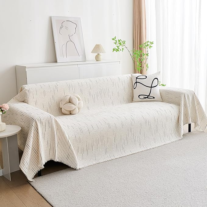 MYSKY HOME Couch Cover for Dogs, Sectional Couch Cover, Beige Lines Sofa Covers for Sectional Sofa L Shape Chenille Couch Protector for Dogs Pets Couch Covers Washable Soft Throw, 91"X134"
