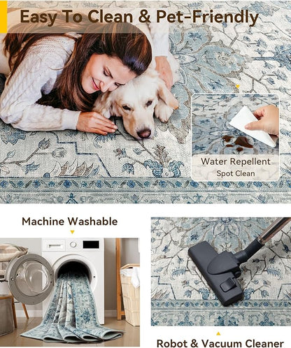Area Rugs 5'x7' Washable Non-Slip, Floral Vintage Distress Print Pattern Medallion Carpet for Living Room Bedroom Dining Room, Light Blue Navy Beige Gray White