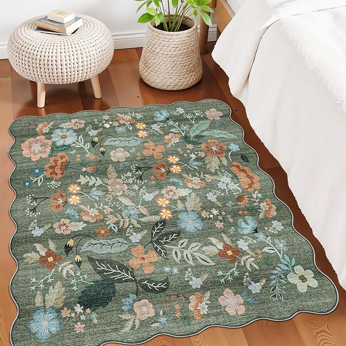 Floral Square Area Rug for Family: Washable 5x5 Scalloped Carpet for Living Room Bedroom Soft Water Resistant Floor Mat with Non Slip Backing for Kitchen Nursery Farmhouse Home Decor(5x5,Floral/Green)