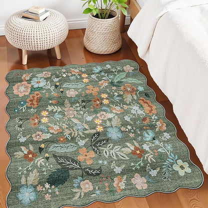 Floral Square Area Rug for Family: Washable 5x5 Scalloped Carpet for Living Room Bedroom Soft Water Resistant Floor Mat with Non Slip Backing for Kitchen Nursery Farmhouse Home Decor(5x5,Floral/Green)
